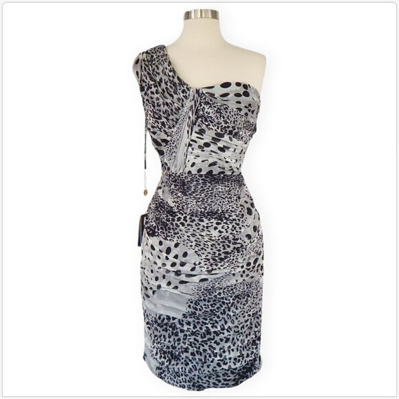 TADASHI SHOJI Black White Animal Print One Shoulder Ruched Evening Dress NWT 8 - Picture 4 of 7